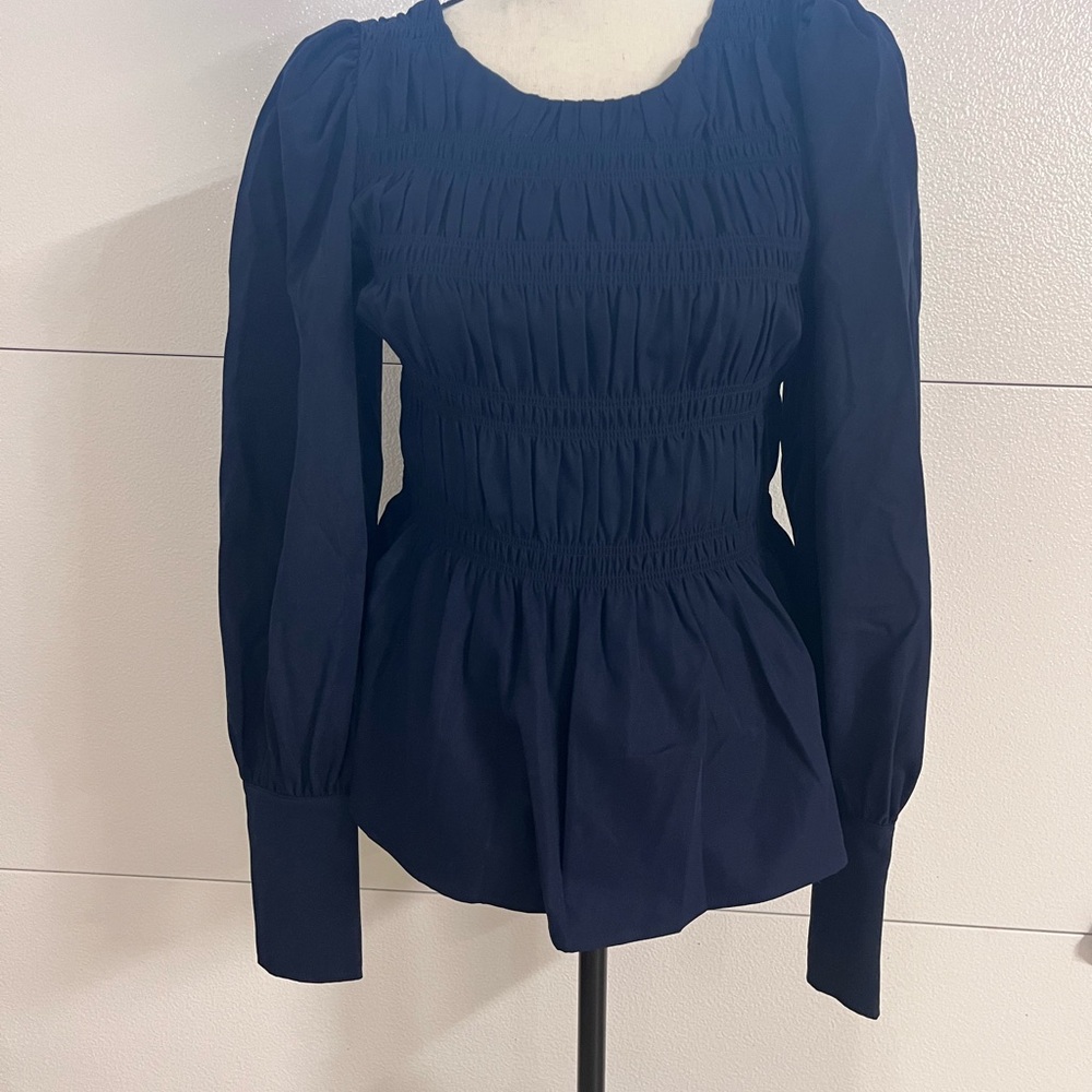 Midnight Velvet Long Sleeved Blue Top with Ruching Medium New